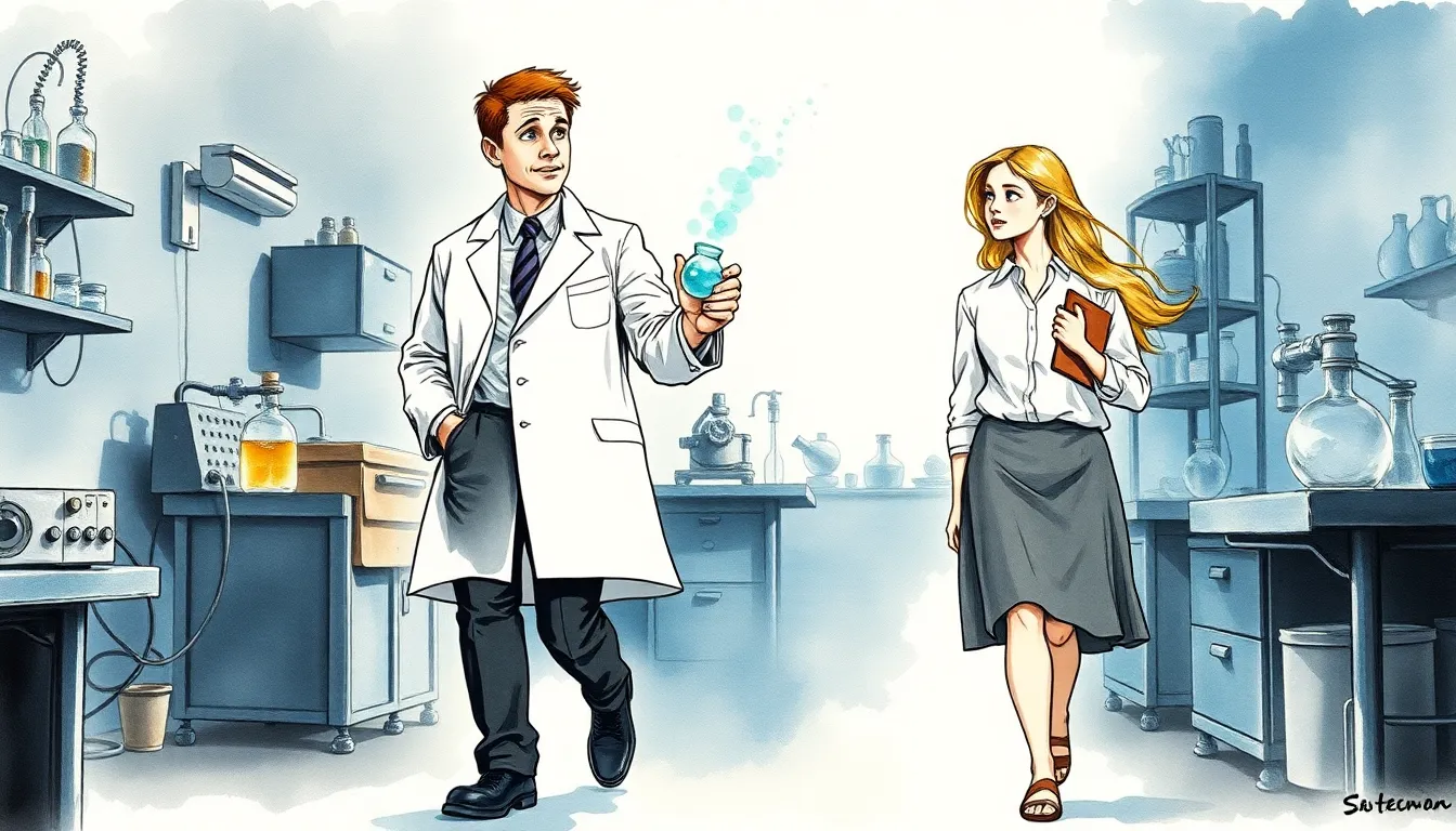 Illustration de Dr Antoine Lemoine tenant une fiole de substance lunaire avec Elise Martin à ses côtés dans un laboratoire.
