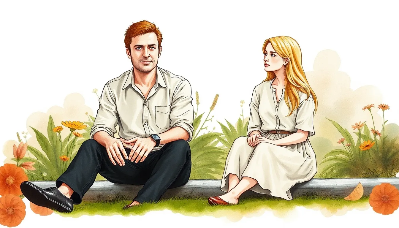Antoine et Elise méditant dans un jardin paisible après la quête de la substance lunaire