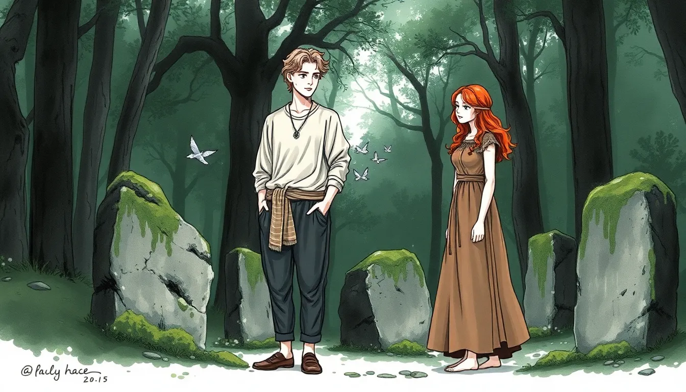 La Mémoire des Pierres : Mystères des pierres anciennes et souvenirs 1 Illustration des pierres anciennes et Éloi avec Maëva dans la forêt mystérieuse