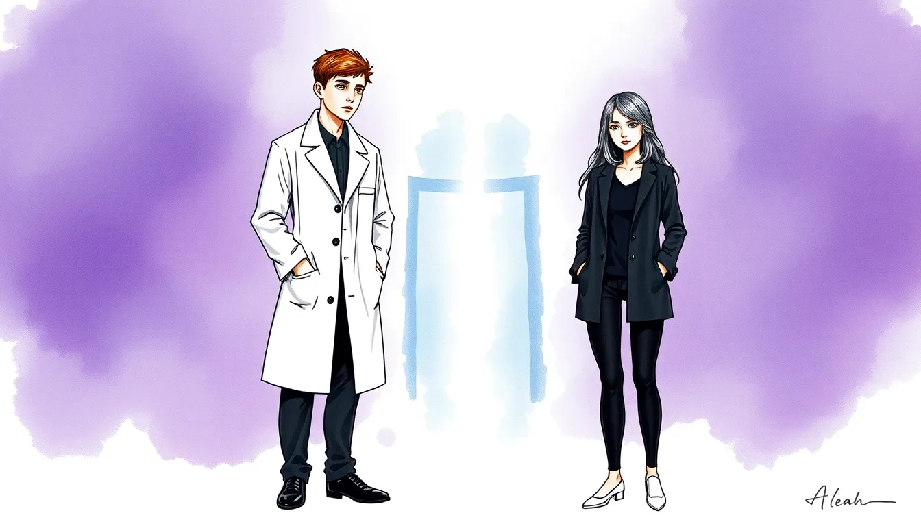 Alexandre et Clara face à un portail lumineux, visages graves et contemplatifs