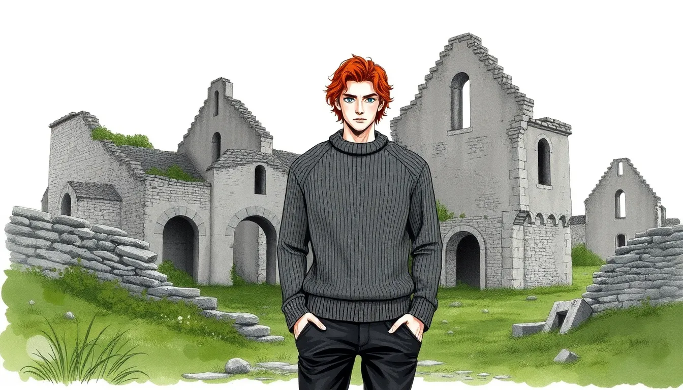 Julien explorant les ruines historiques en campagne française, visage marqué de contemplation et de détermination