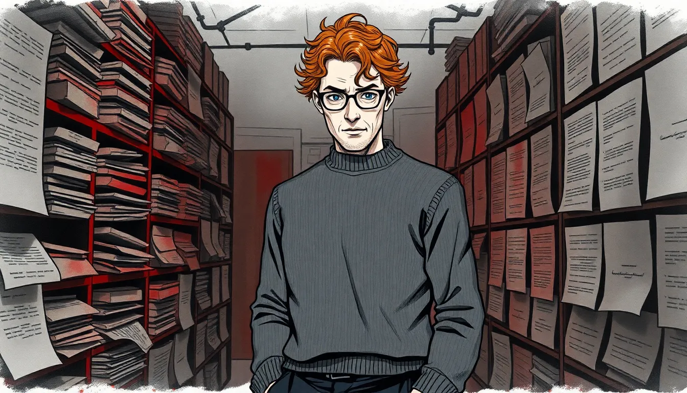 Illustration des archives secrètes, Julien dans une salle obscure entourée de documents anciens