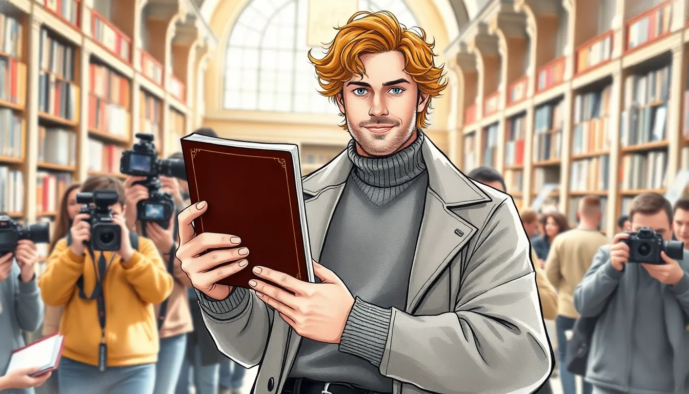 Julien présentant son livre dans une bibliothèque lumineuse entouré de lecteurs et de caméras