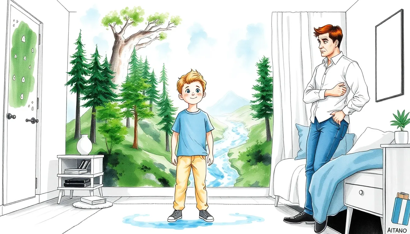 Illustration représentant Alexandre entouré d'une forêt enchantée et d'une rivière scintillante dans sa chambre, observé par son père Pierre.