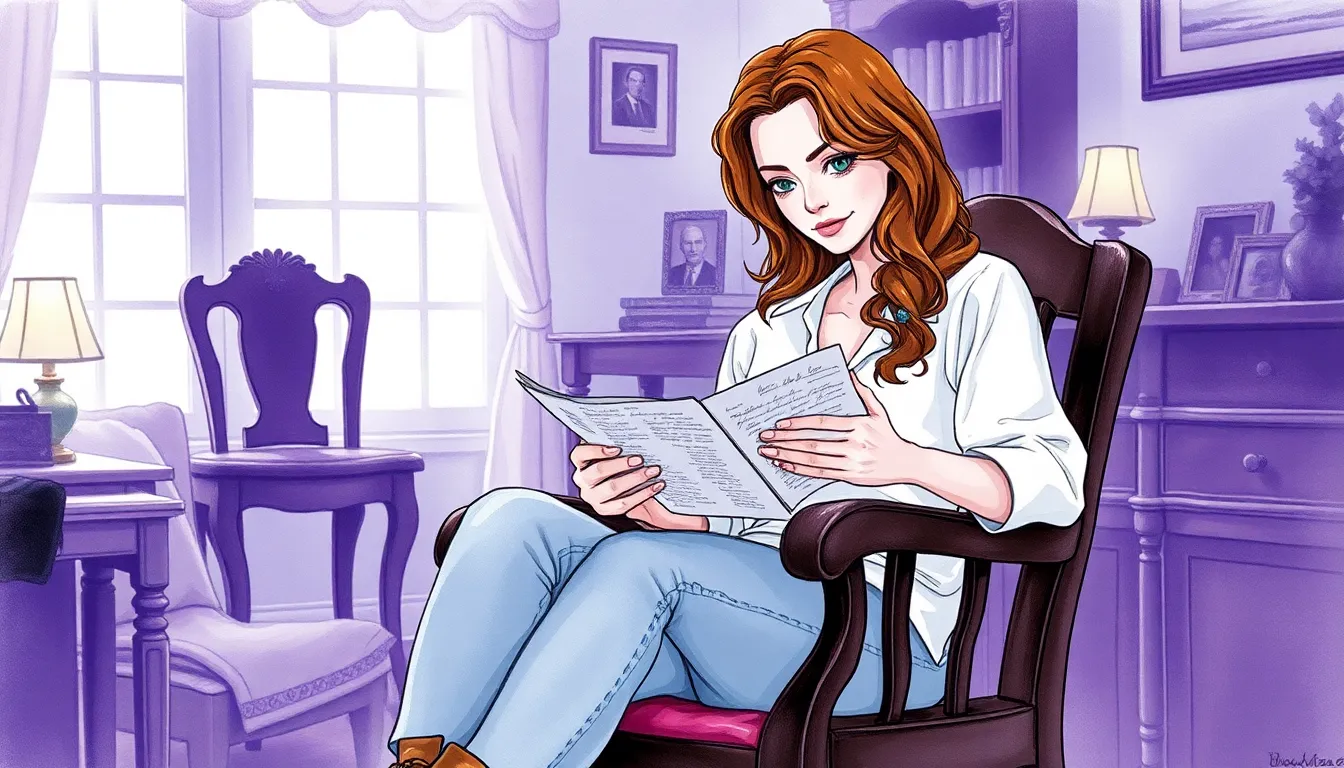 Julie lisant les lettres d'amour dans un coin lumineux de la maison