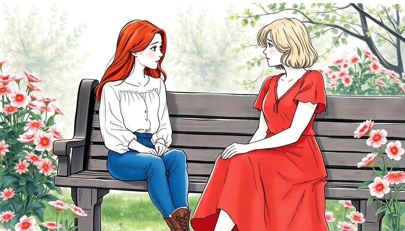 Rencontre émotionnelle entre Julie et Claire dans un jardin baigné de lumière