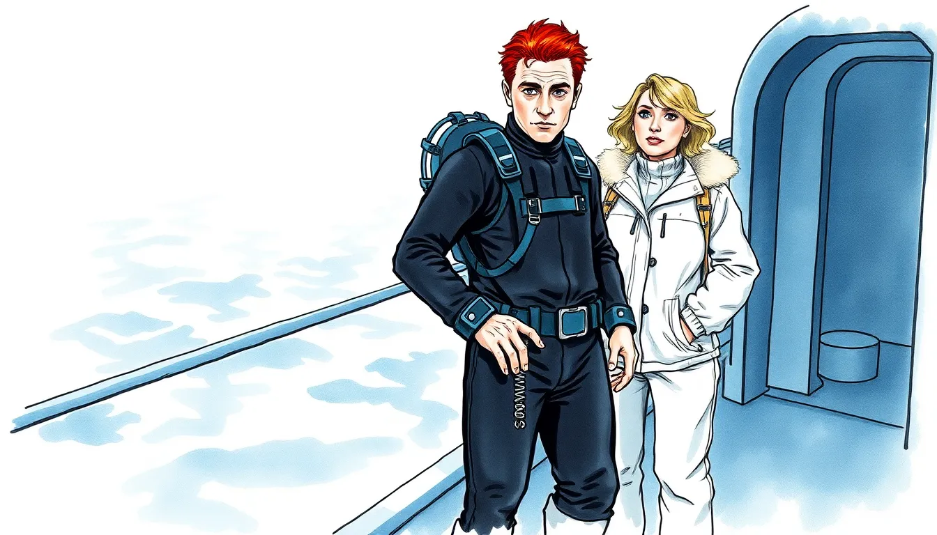 Alexandre Moreau et Claire Dubois prêts pour l'expédition sous-marine, sur le pont d’un sous-marin moderne, regardant vers l’immensité océanique