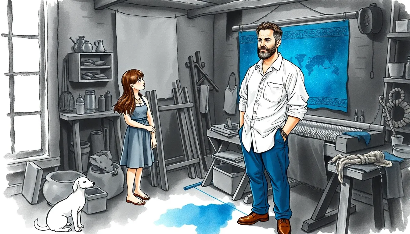 Elian dans son atelier, tissant une tapisserie magique