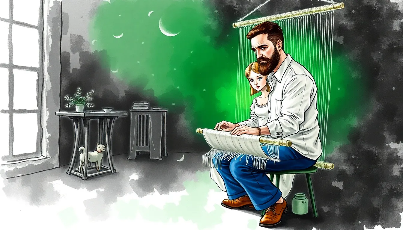 Illustration des premiers rêves tissés par Elian et Claire observant avec espoir la tapisserie magique