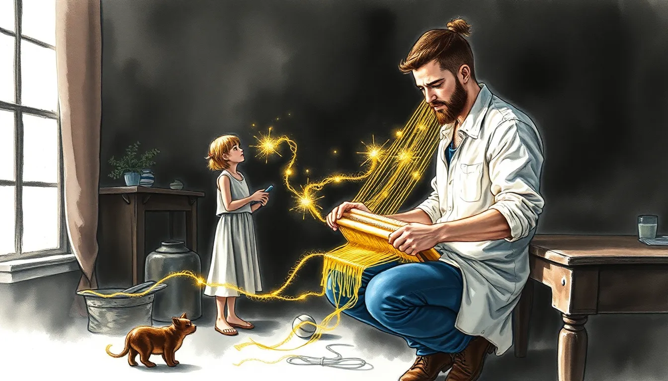 Elian tissant avec des fils d'or lumineux dans son atelier, Claire observant attentivement