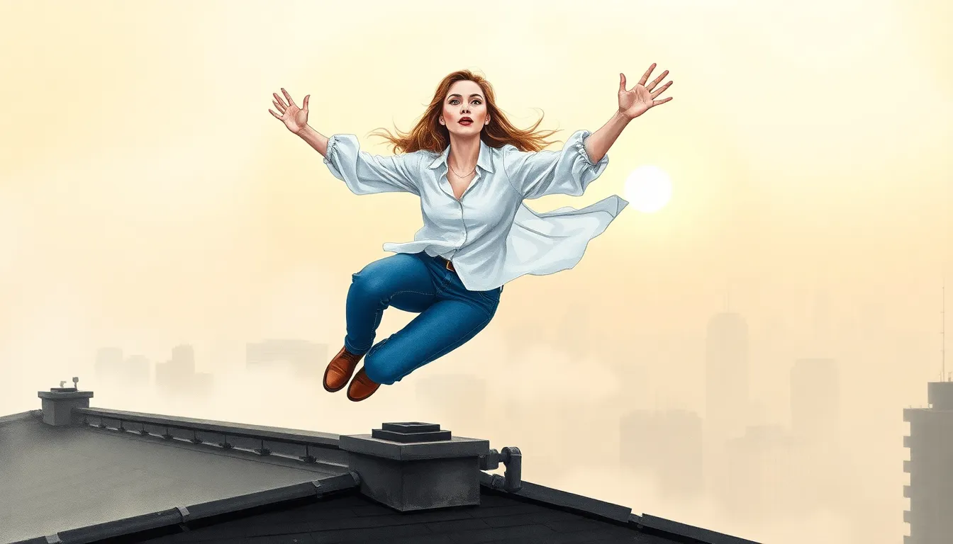 Élodie s'élève dans les airs au lever du soleil, un mélange d'émerveillement et de liberté infinie