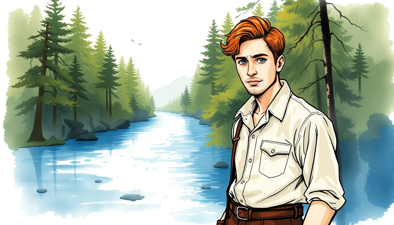 Antoine debout près d'une rivière scintillante dans une forêt luxuriante, expression d'émerveillement sur son visage