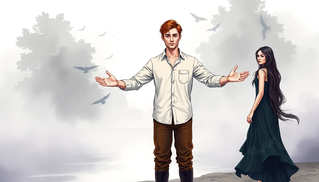 Antoine et Elise face à la rivière magique, enveloppés d'une lueur mystérieuse