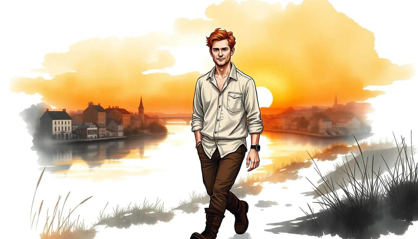 Antoine marche loin de la rivière vers une petite ville au coucher du soleil, visage serein et épanoui.