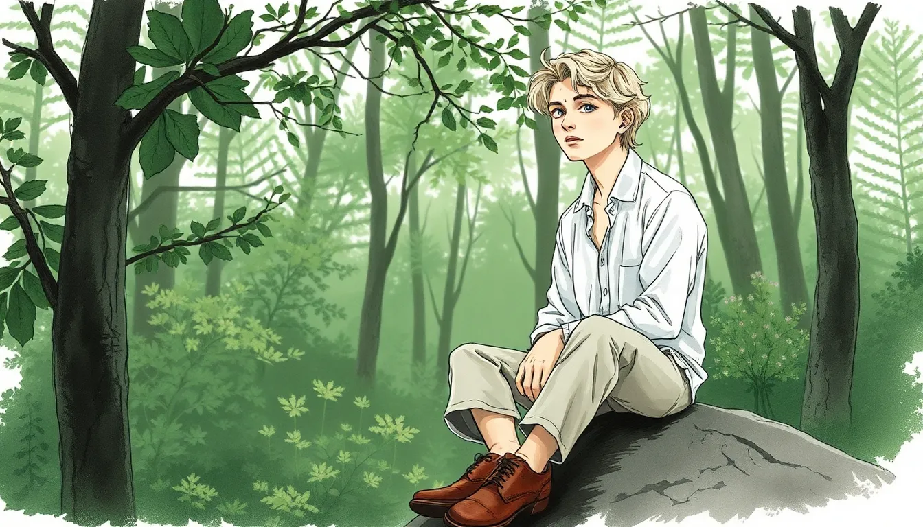 Illustration d'Éloi écoutant le vent dans une forêt paisible