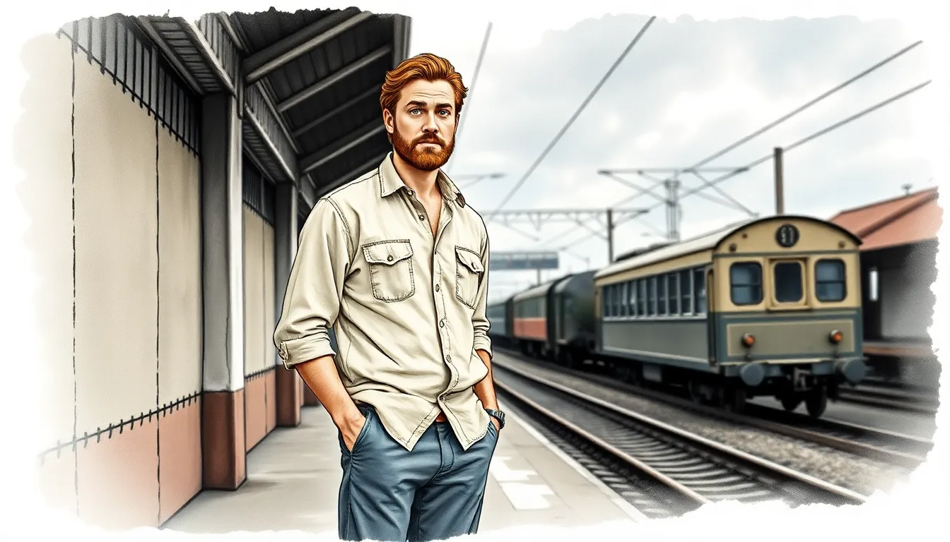 Le Voyageur du Cœur : Un périple vers l'amour véritable 1 Alexandre debout sur un quai de gare, prêt à partir, visage empreint d’espoir et de nostalgie