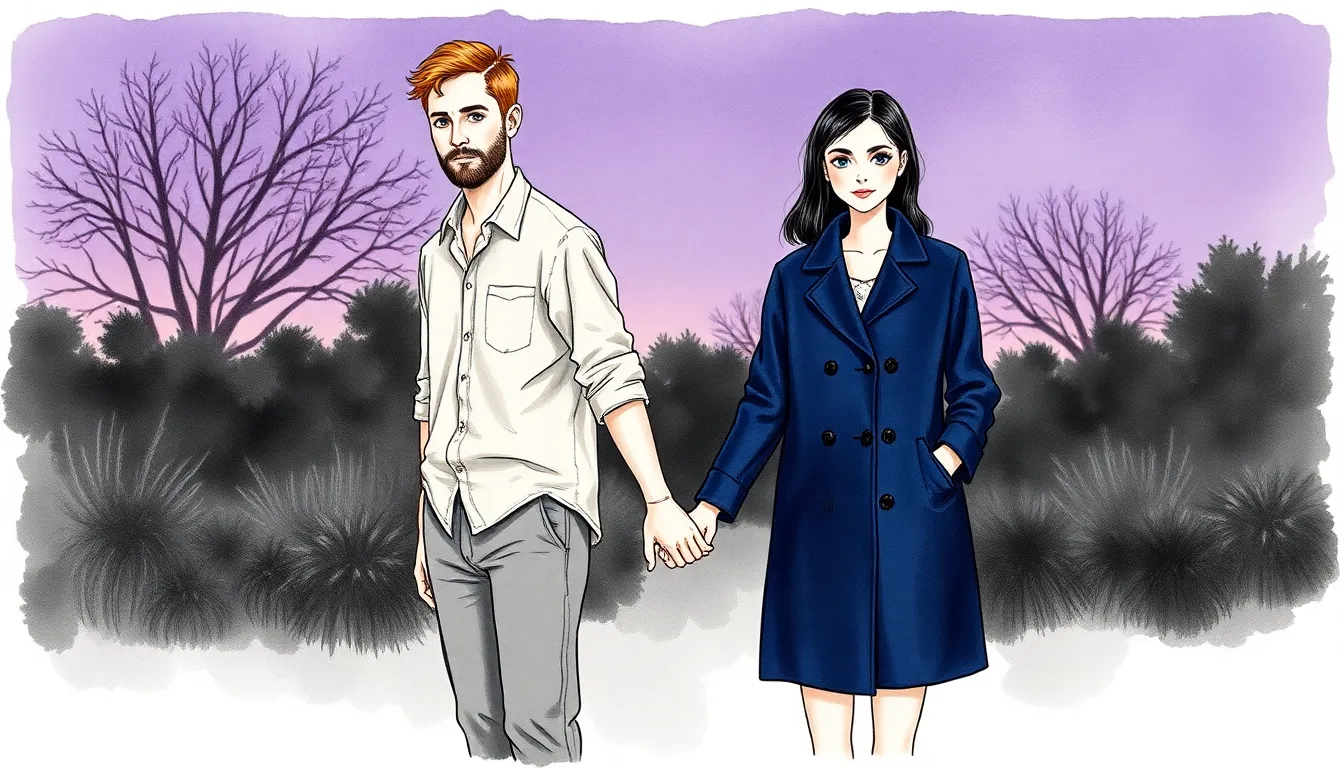 Le Voyageur du Cœur : Un périple vers l'amour véritable 6 Alexandre et Éléonore dans un jardin au crépuscule, mains liées, entourés de sérénité et d'amour authentique