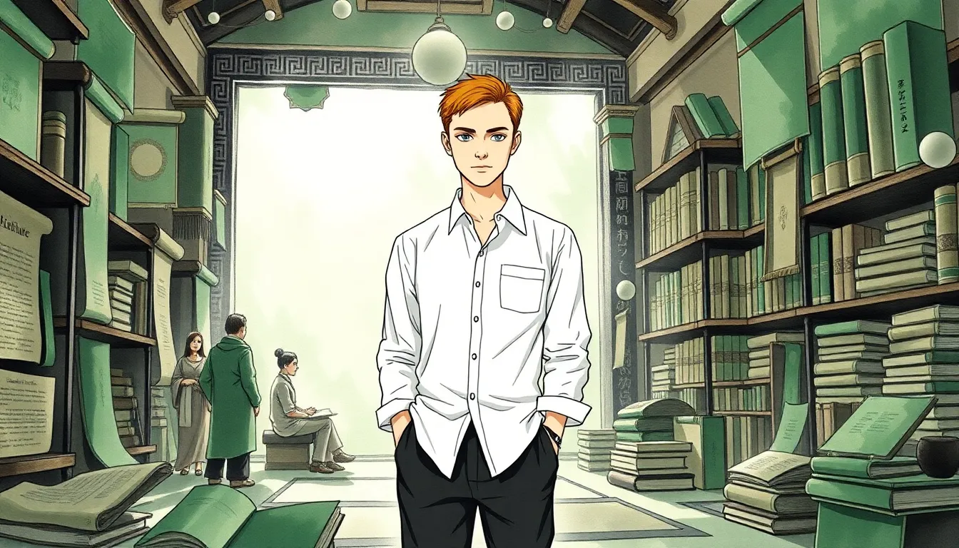 Julien debout dans une salle lumineuse entouré de parchemins anciens et de livres modernes