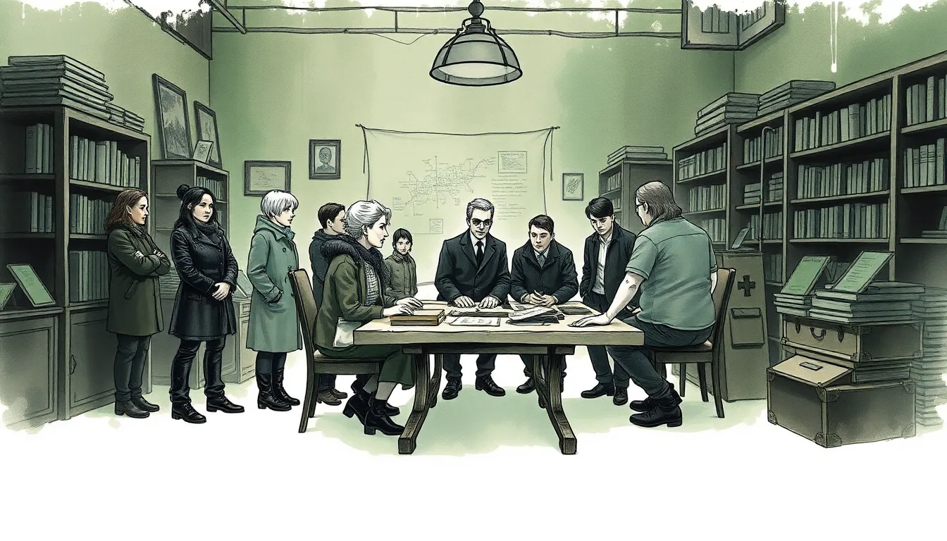 Illustration d'une réunion secrète de résistants dans une pièce sombre