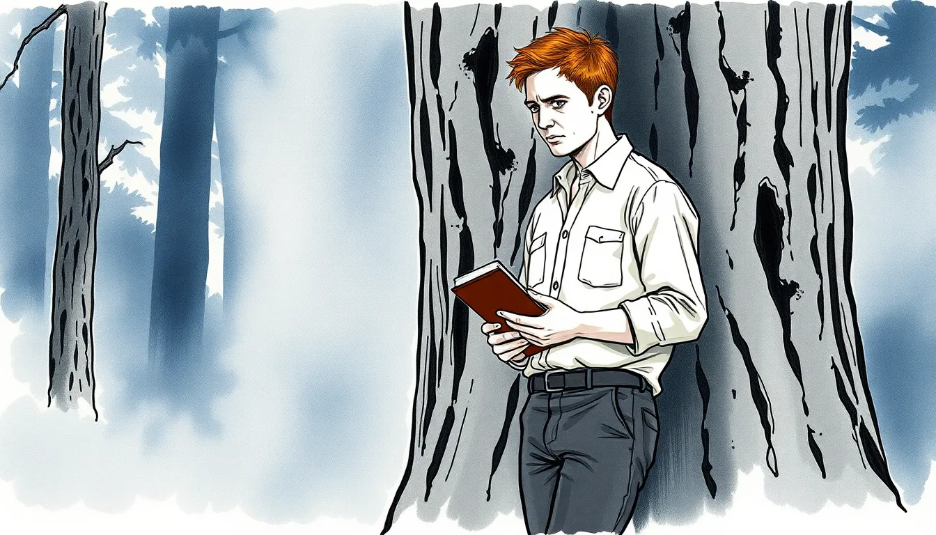 Thomas observant l'écorce des arbres dans la forêt des miroirs