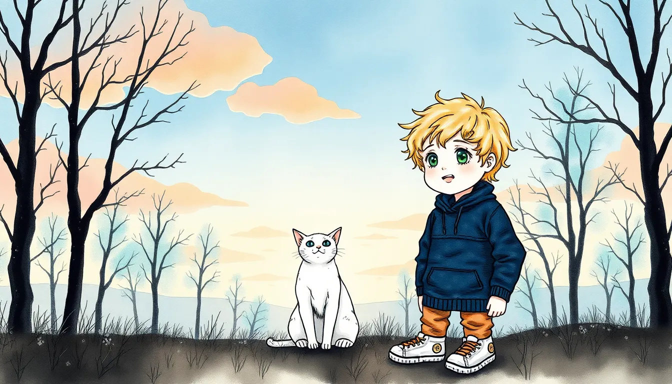 Thomas découvre un monde onirique avec un chat blanc aux yeux bleus profonds