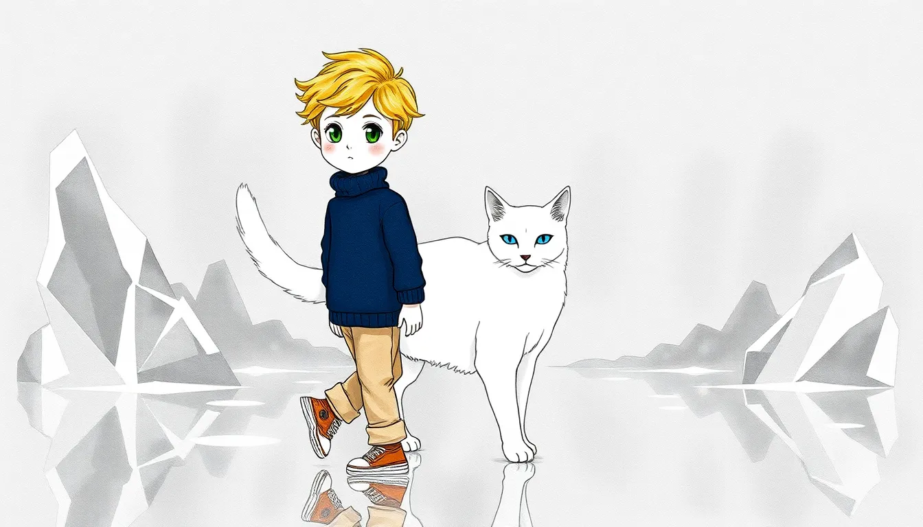 Thomas marche aux côtés du chat blanc aux yeux bleus profonds dans un paysage cristallin