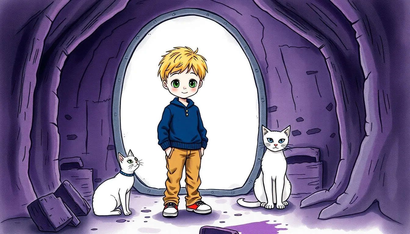 Thomas dans le grenier avec le labyrinthe de miroirs, les yeux empreints de sagesse et d'émerveillement