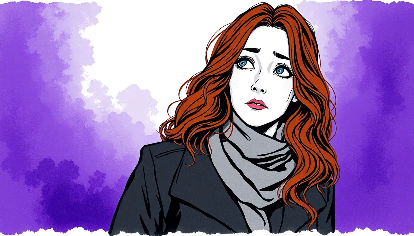 Emma revivant un souvenir douloureux avec son père, visage empreint de tristesse, manteau gris foncé et écharpe légère