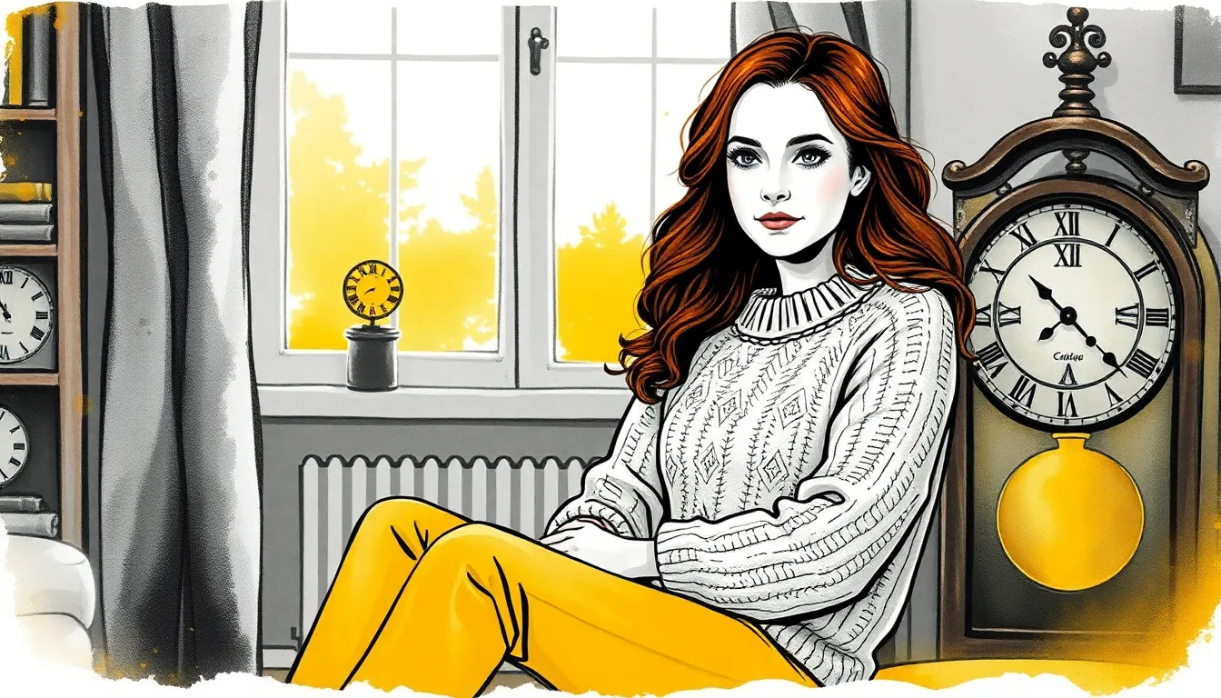 Illustration d'Emma méditant dans son appartement contemporain, vêtue d'un pull en laine ivoire et d'un pantalon beige, à côté de l'horloge ancienne