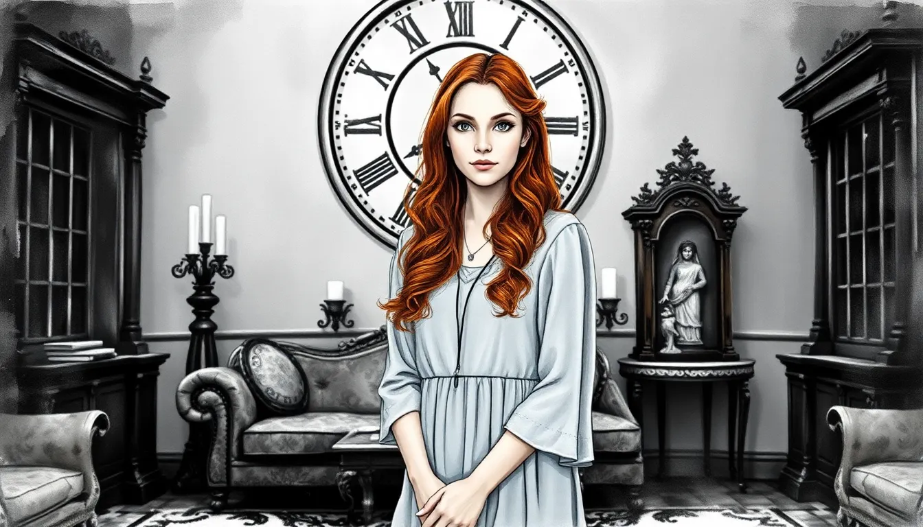 Emma devant l'horloge ancienne dans son salon, paisible et résolue