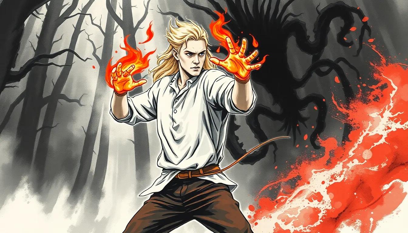 Erik affrontant une créature tentaculaire dans une forêt sombre, mains enflammées, expression résolue.