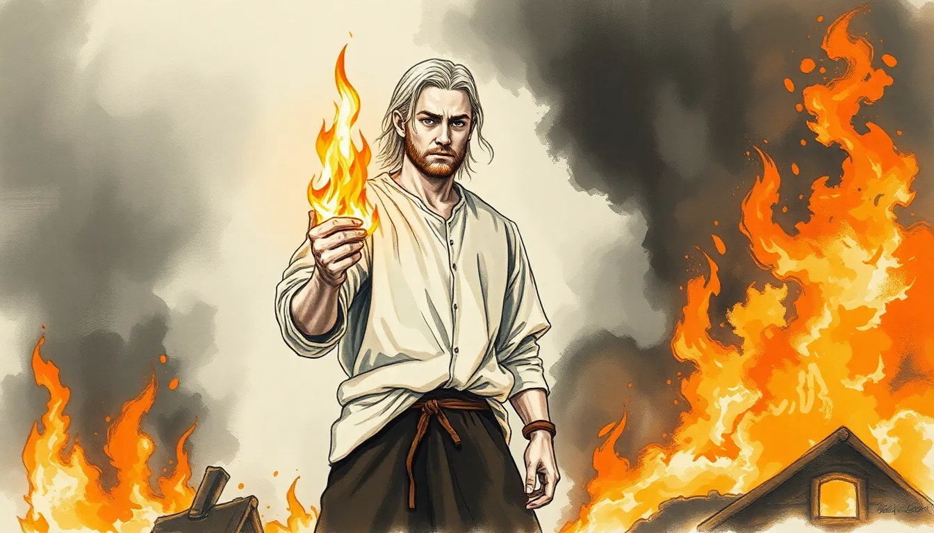 Erik au milieu du village en flammes, concentré et déterminé