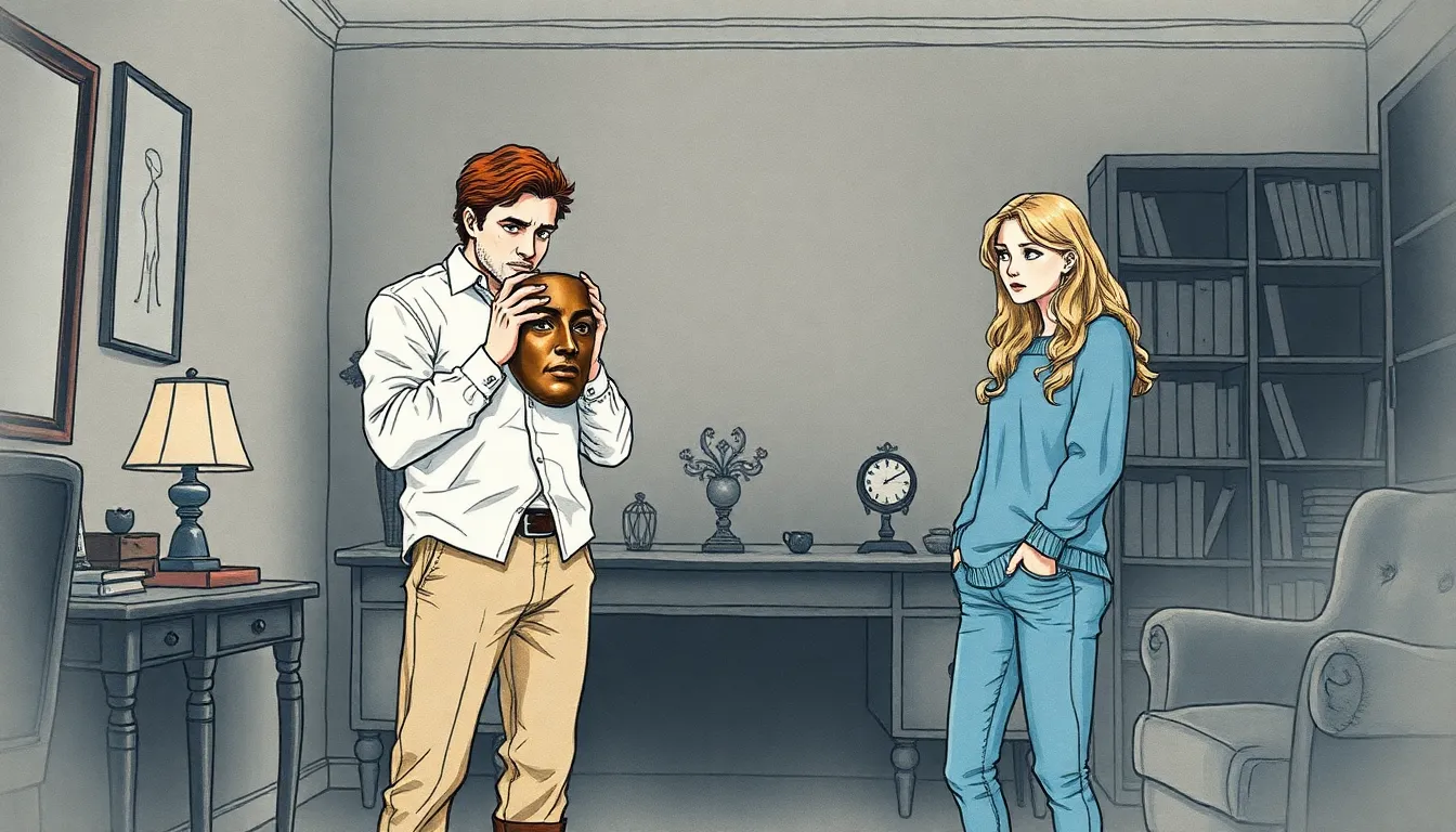 Illustration d'Antoine découvrant le masque antique dans son bureau