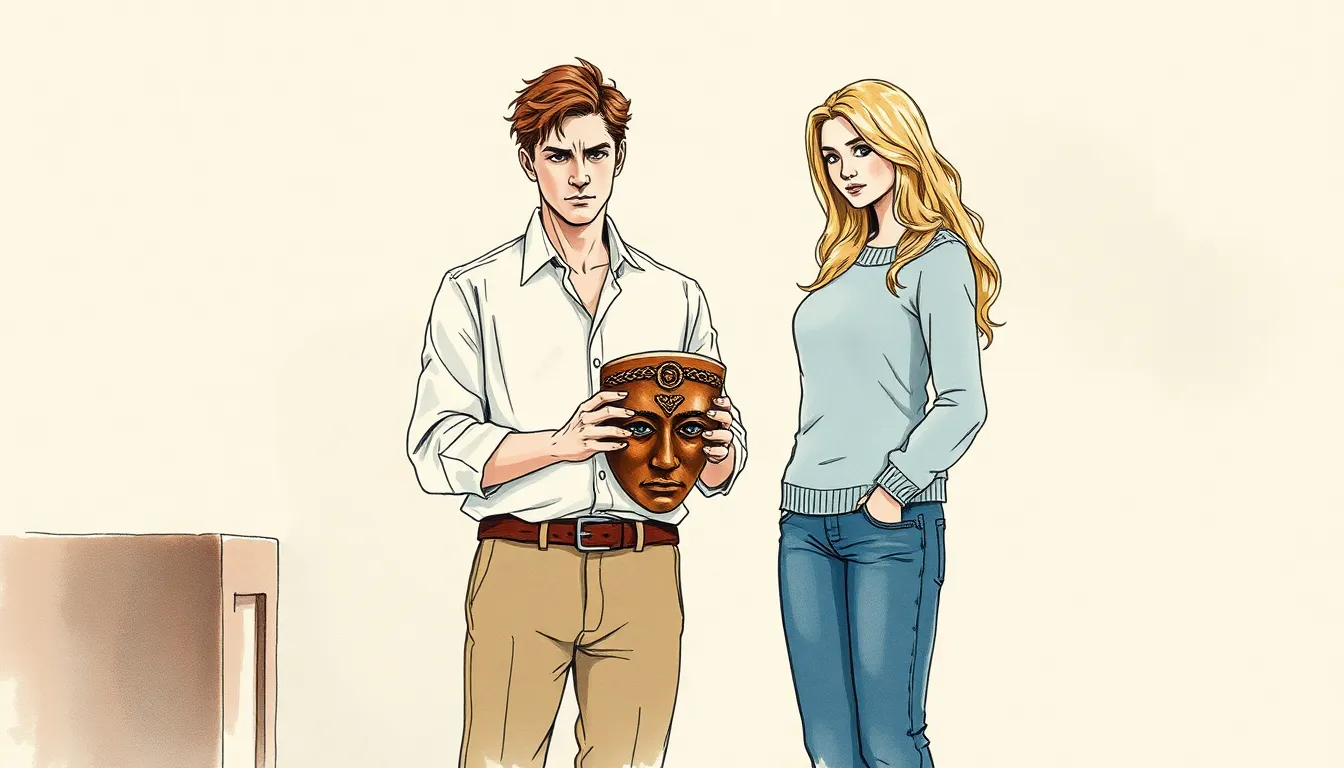 Antoine tenant le masque ancien, pensif, Clara à ses côtés, dans une pièce tamisée
