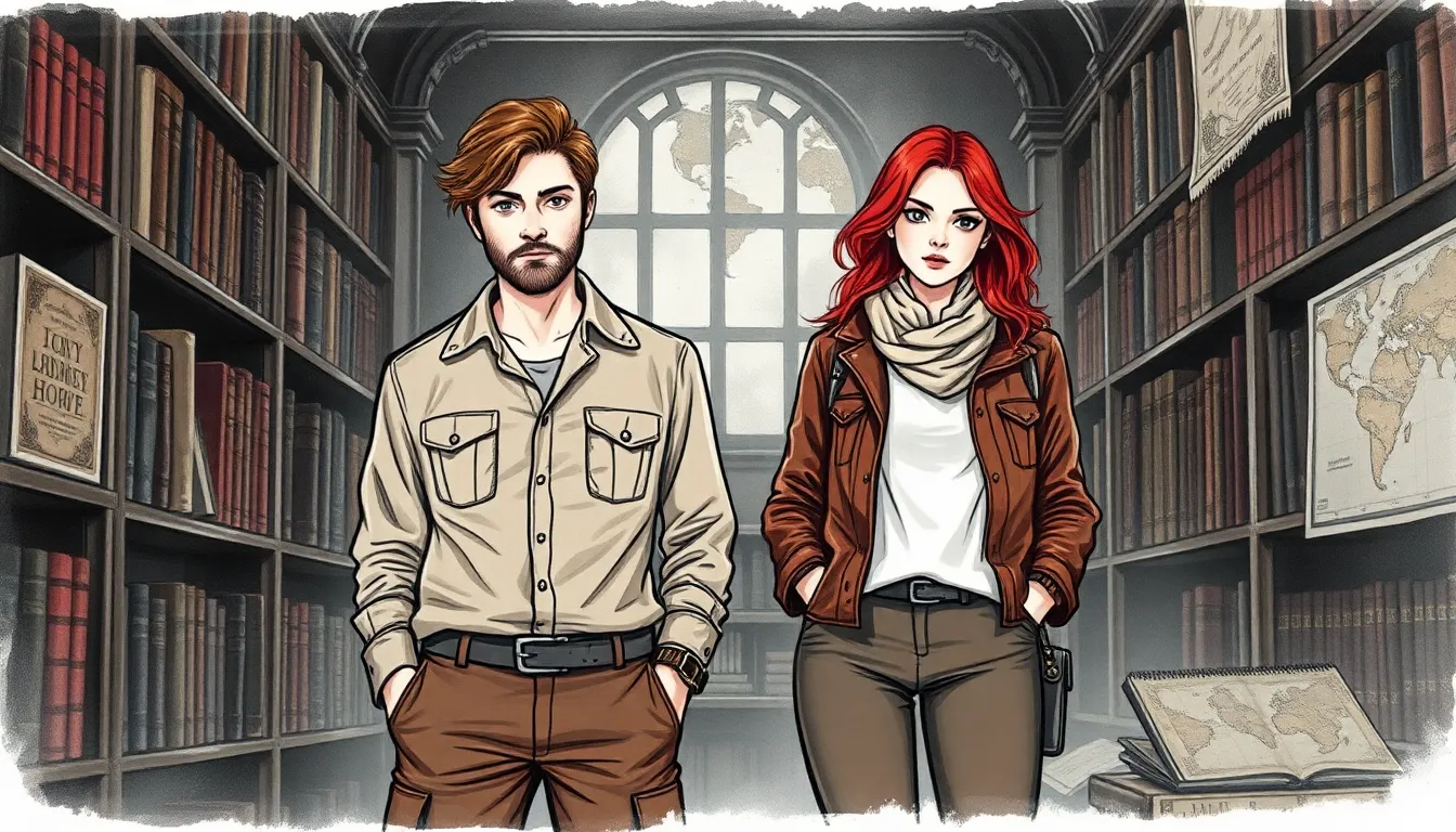 Alexandre et Éloïse dans une bibliothèque, prêts pour leur quête