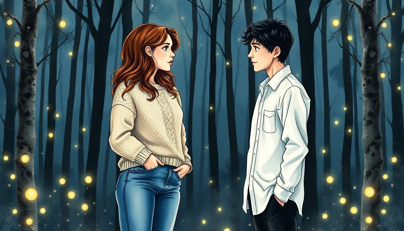 Illustration de la rencontre entre Anna et Lucas dans la clairière aux lucioles