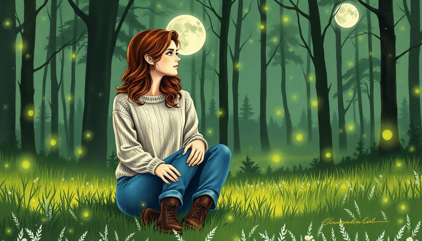Anna et Lucas dans la clairière enchantée éclairés par la douce lumière verte des lucioles