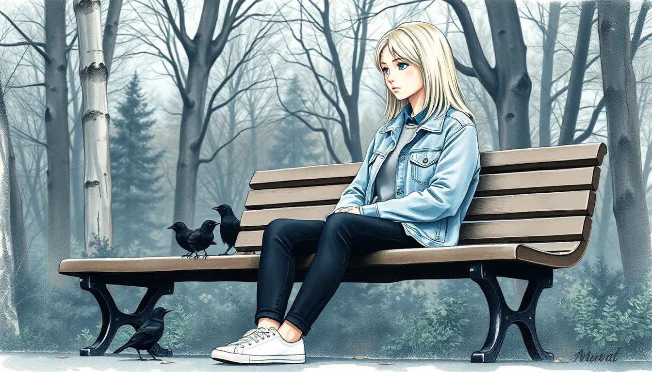 Emma assise dans un parc urbain, observant un groupe d'oiseaux noirs avec une expression réfléchie et calme.