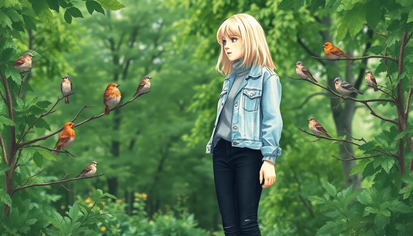 Emma échange des regards avec des oiseaux dans un parc luxuriant