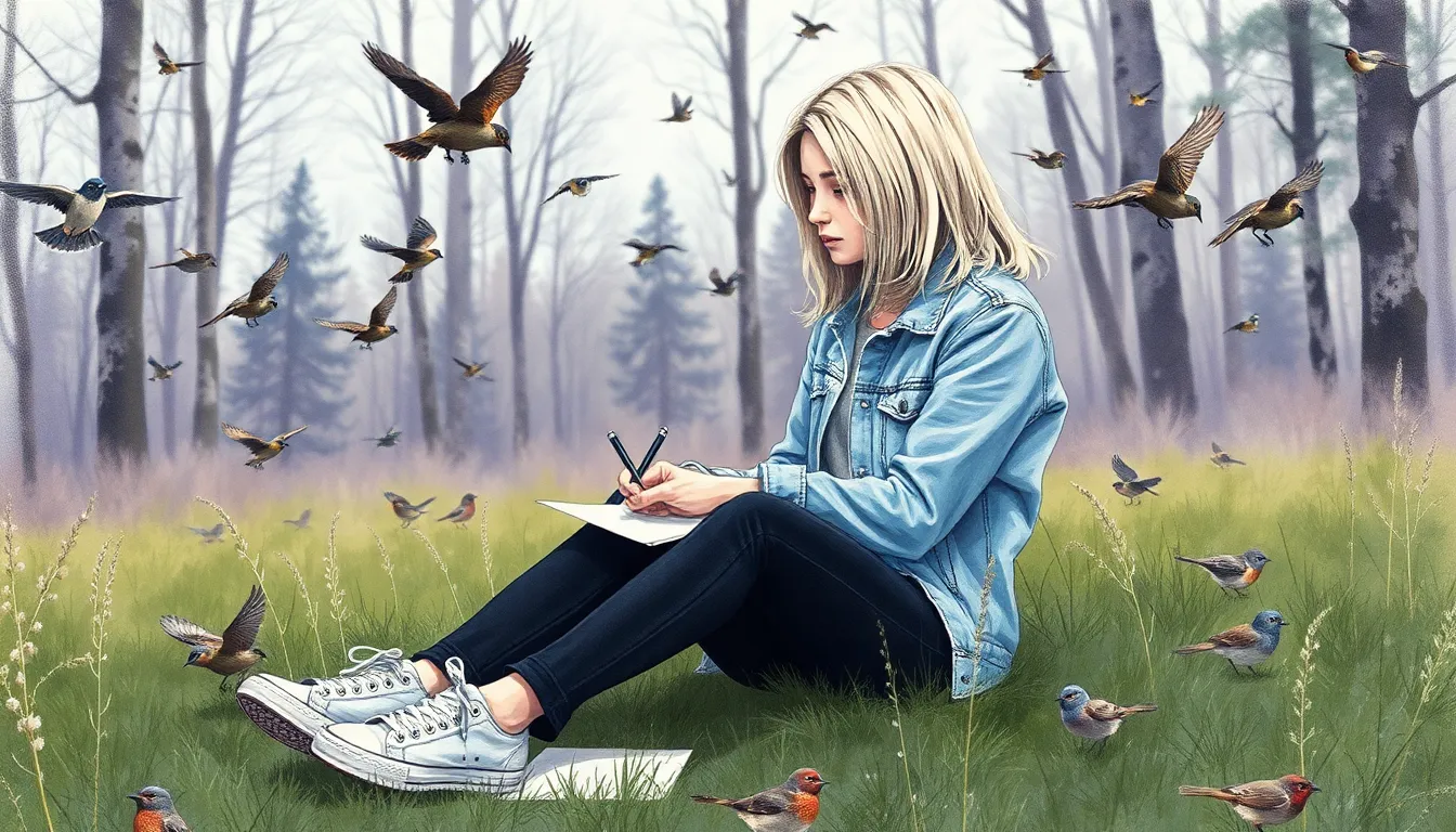 Emma entourée d'oiseaux, esquissant des symboles mystérieux dans la forêt
