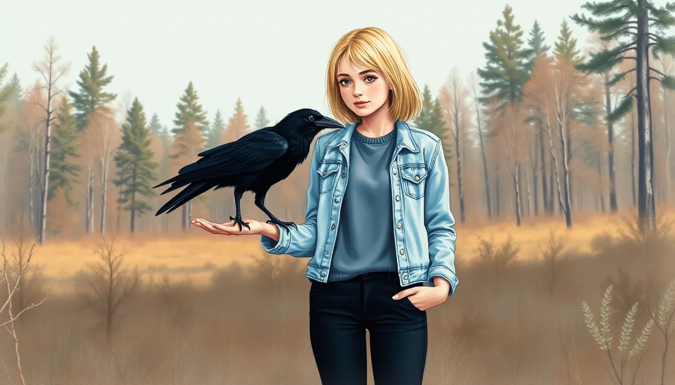 Emma avec Noctis le corbeau noir dans une clairière paisible