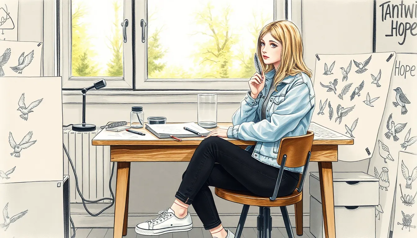 Emma méditant entourée de ses dessins illustrant les oiseaux et la nature