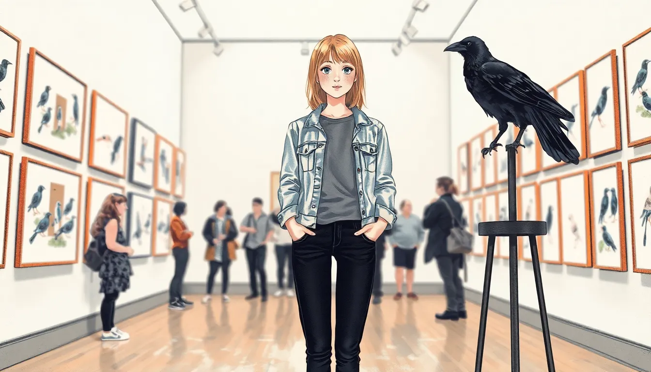 Emma lors de son exposition, entourée de ses dessins et de Noctis, le corbeau noir