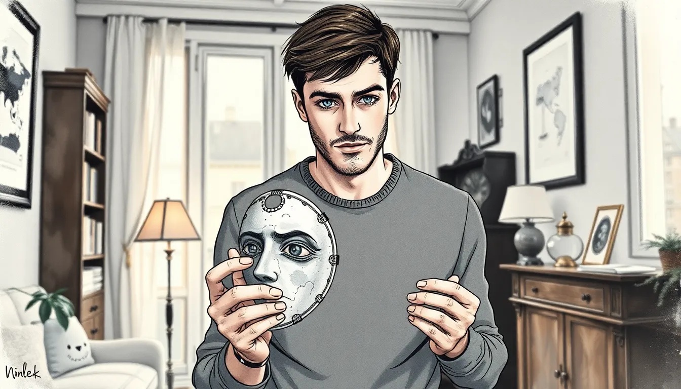 Alexandre tenant le masque ancien aux motifs lunaires dans son appartement parisien