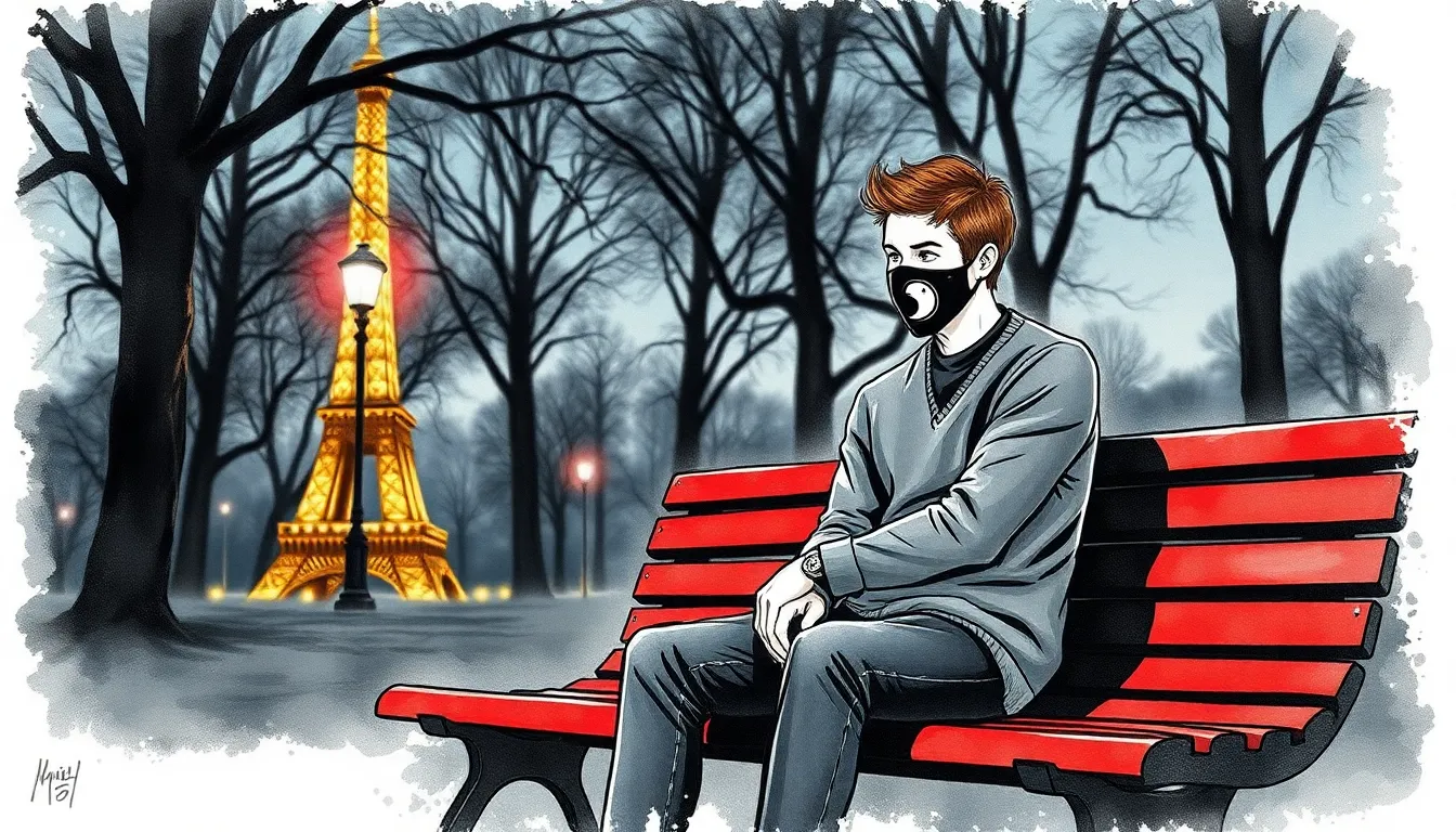 Alexandre assis sur un banc en bois dans un parc parisien à la tombée du jour, méditant profondément, portant le masque lunaire