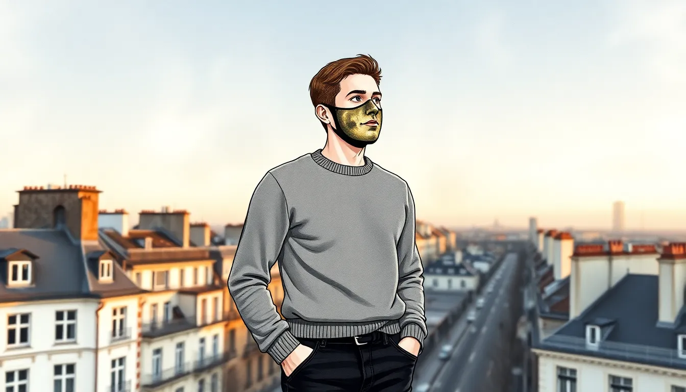 Alexandre sur un toit parisien à l'aube, portant le masque lunaire, visage serein