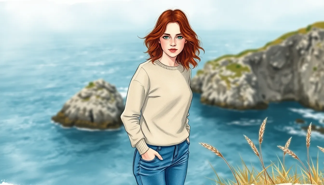 Éloïse sur la falaise, regardant la mer avec mélancolie et espoir