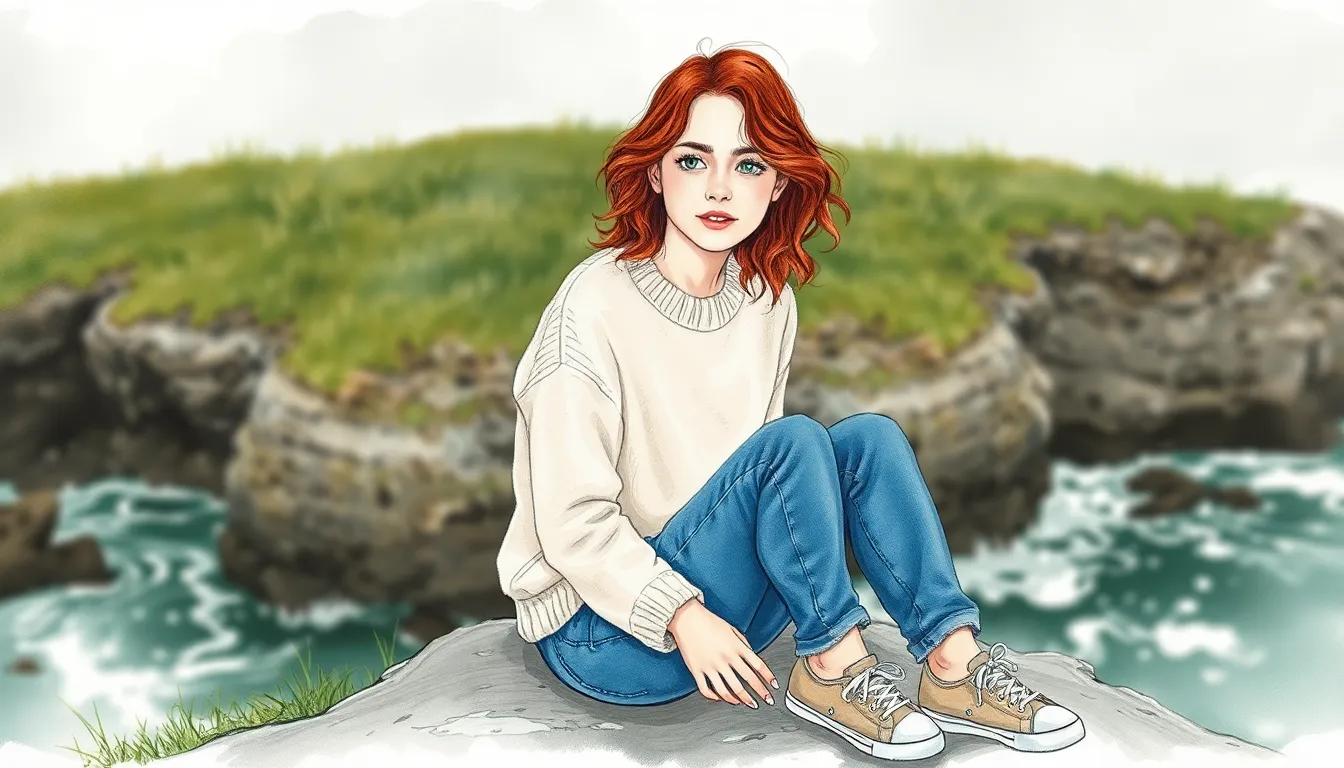 Éloïse écoutant le vent sur la falaise, cheveux et vêtements flottant doucement sous la brise marine, regard empreint de curiosité et de mélancolie