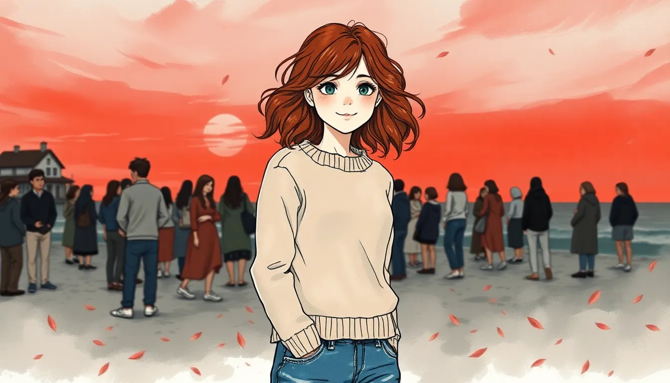 Illustration d'Éloïse partageant avec les villageois au bord de la mer sous un ciel crépusculaire rouge cramoisi