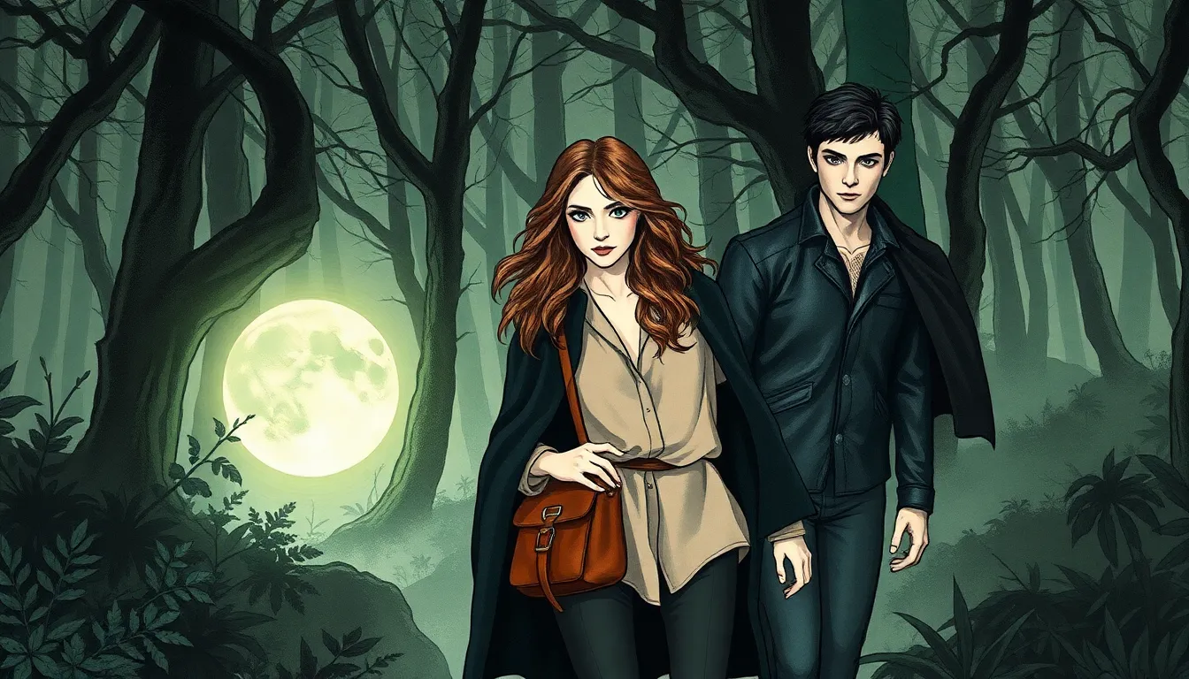 Éloïse et Adrien dans la forêt enchantée, lumière scintillante de la pierre lunaire